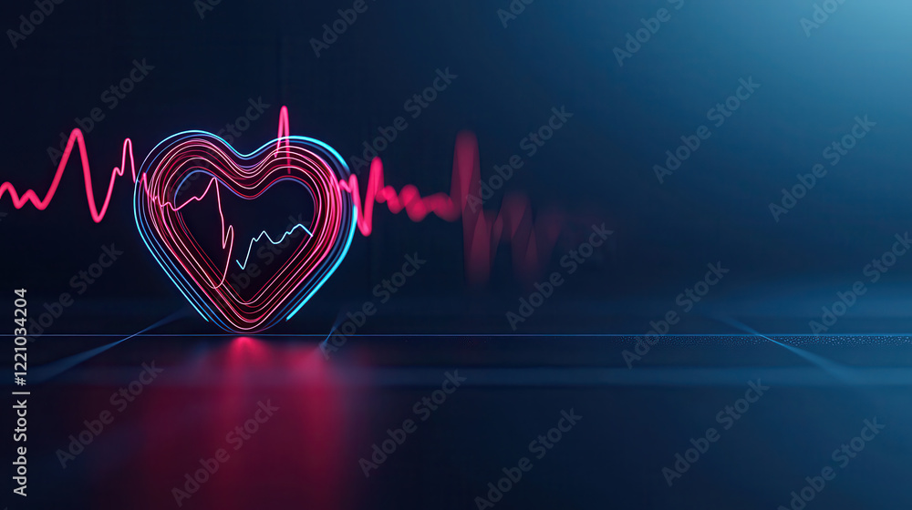 Poster vibrant heart shape with rhythmic heartbeat lines in neon light, symbolizing love and life. glowing 