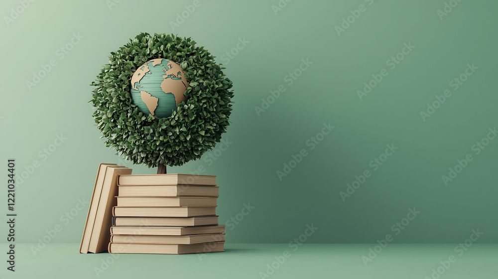 Poster artistic portrayal of tree made of books with globe on top, symbolizing knowledge and sustainability