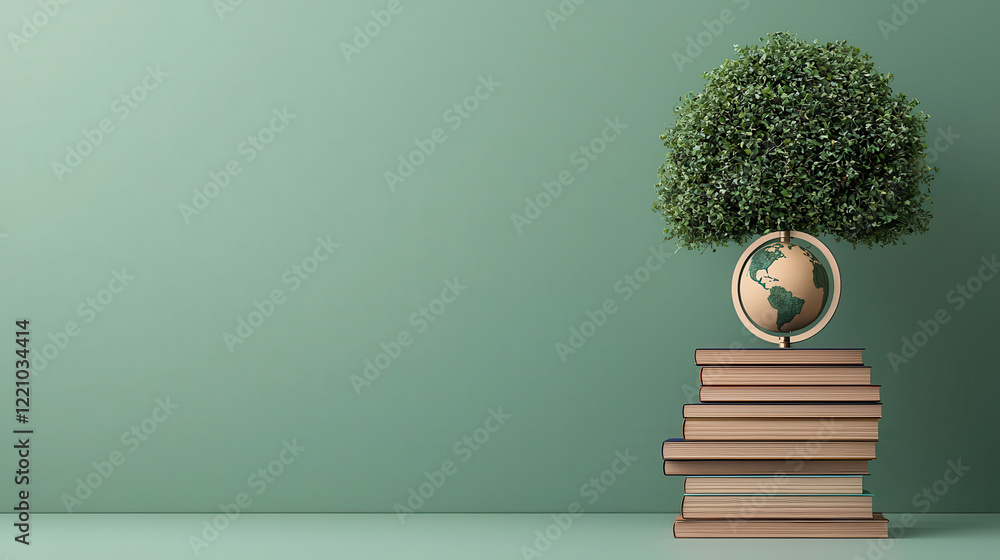 Aufkleber artistic portrayal of books stacked to form tree with globe on top, symbolizing knowledge and growth. This creative design emphasizes importance of education and environment