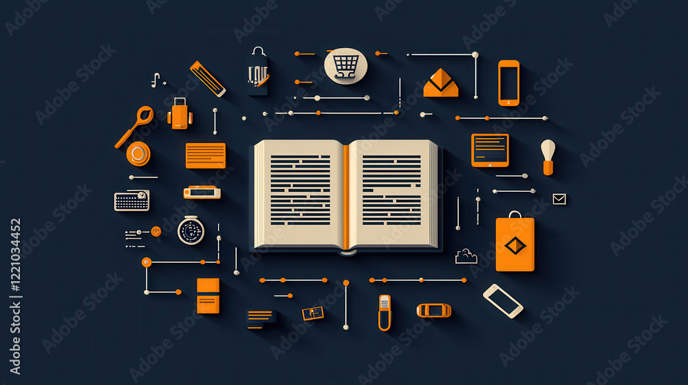 Leinwandbilder illustration of digital book surrounded by various icons representing technology, communication, and