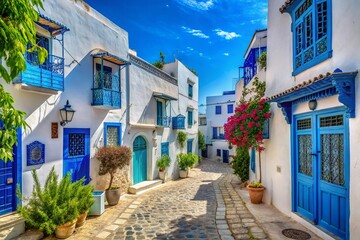 Fototapeta premium Sidi Bou Said, Tunisia: Charming Whitewashed Street with Blue Windows and Wrought Iron Doors