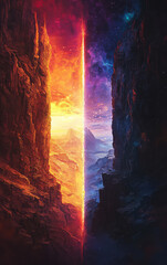Cosmic Divide: A mesmerizing digital art piece depicts a chasm cleaved through towering rocky cliffs, revealing a fiery inferno on one side and a cosmic expanse on the other.