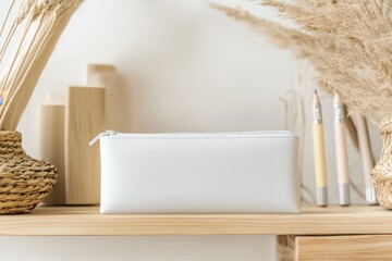 Minimalist White Pencil Case on Shelf with Natural Decor Elements