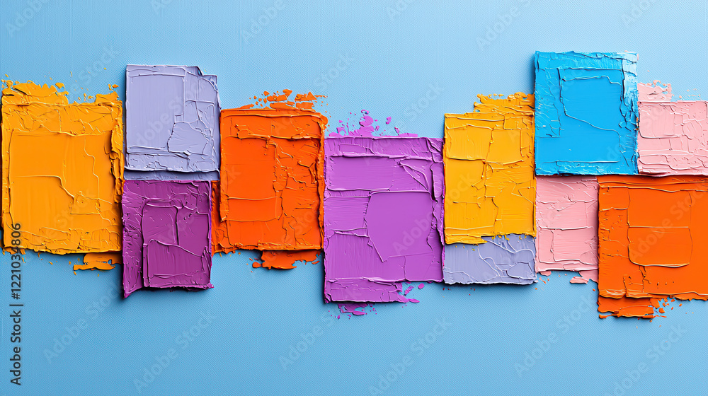 Poster bright abstract art featuring vibrant mix of textured paint squares in various colors, including ora