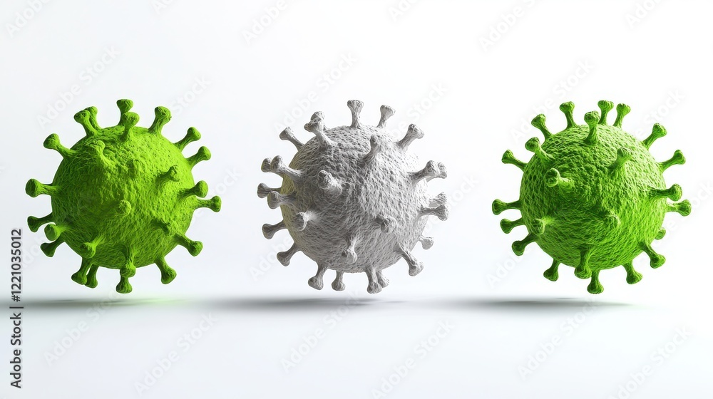 Poster the image features three stylized virus representations in green and gray on a minimalist background