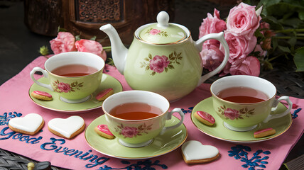 Green tea set with teapot and cups with heart shaped cookies on a pink cloth with Good evening