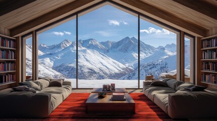 Fototapeta premium Mountain View Living Room With Large Windows and Bookshelves