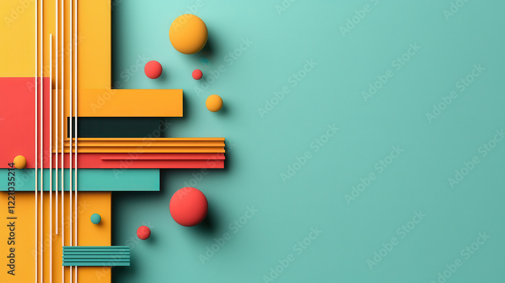 Poster colorful abstract design featuring geometric patterns and shapes, including circles and rectangles, 