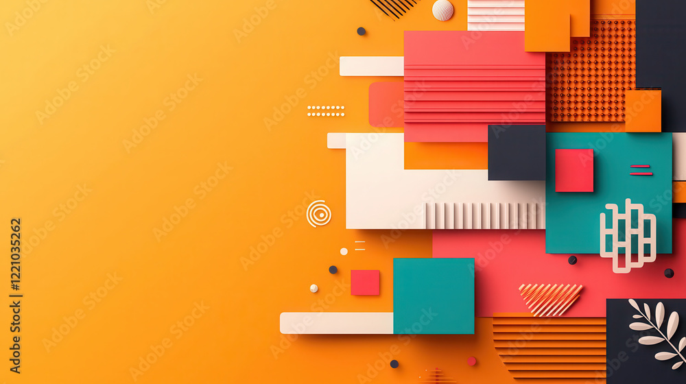 Fototapete Colorful abstract design featuring geometric patterns and shapes on orange background, creating vibrant and modern aesthetic