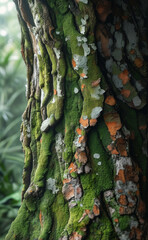 a close up of a tree trunk with moss growing on it