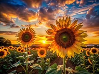 Fototapeta premium Silhouetted Sunflowers at Sunset: Dramatic Floral Background