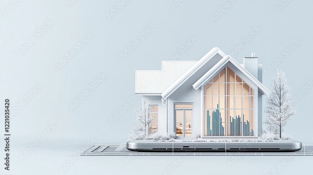 Fototapete 3d rendering of white house on grey laptop, showcasing modern architecture and digital integration. 