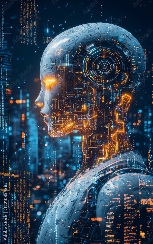 Poster cybernetic oracle: a futuristic portrait of a cybernetic being, its form intertwined with circuits a