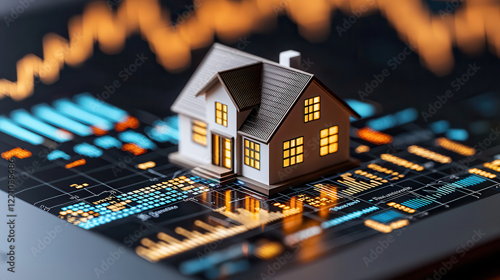 Poster 3d model of house on digital tablet displaying financial graphs, symbolizing real estate investment 