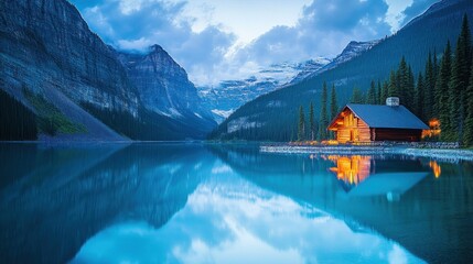 Serene Mountain Lake Cabin Twilight Reflection