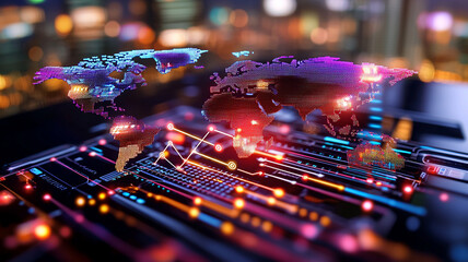 Vibrant Global Network Abstract World Map on Circuit Board