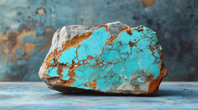 Rough Turquoise Stone with Orange Matrix on a Blue Background