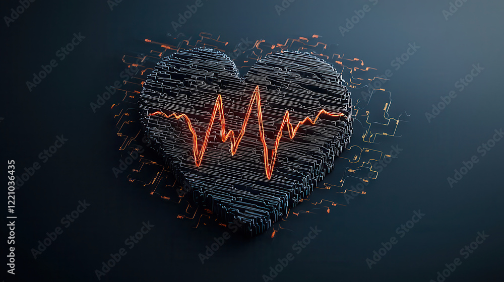 Poster creative 3d design of heartbeat symbol formed by glowing lines, representing health and technology. 