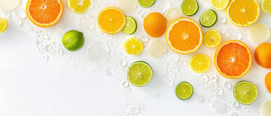 Vibrant citrus fruit arrangement kitchen food photography bright lighting top-down view freshness concept