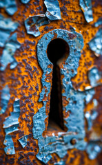 a rusted metal door with a hole in it