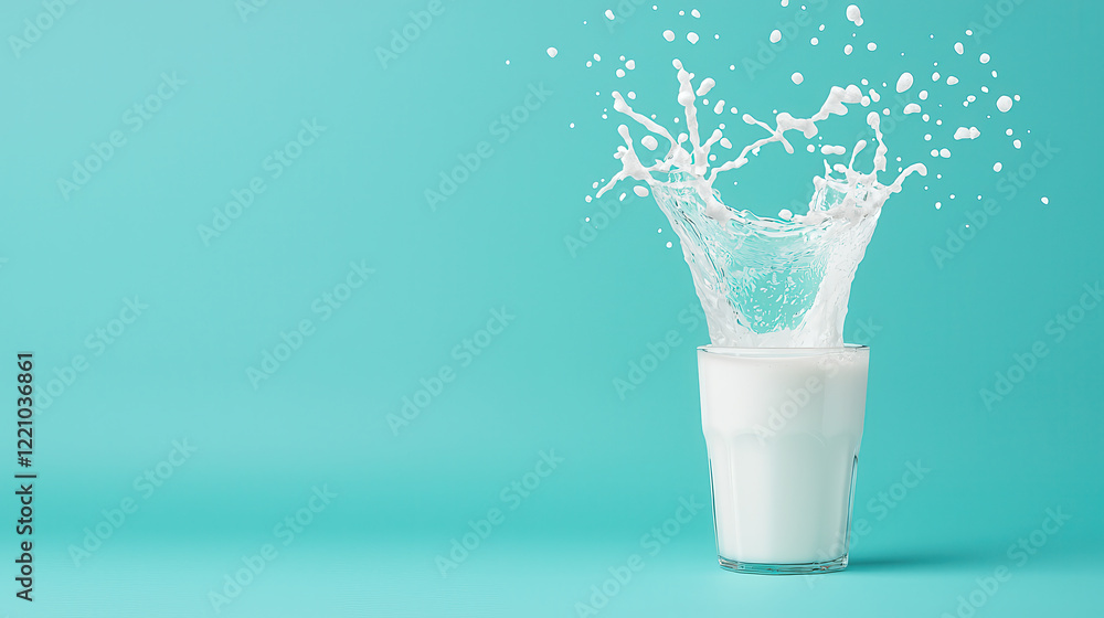 Poster glass of milk splashes against turquoise background, creating dynamic and playful scene. vibrant col