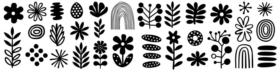 Black and white vector silhouettes of abstract floral and nature shapes