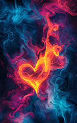 Fototapeta premium Eternal Flame of Love: A vibrant heart shape, rendered in fiery hues of orange and yellow, is enveloped by swirling nebulae of pink and blue.