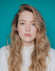 Naklejka premium Portrait of Young Woman with Blonde Hair and White Sweater