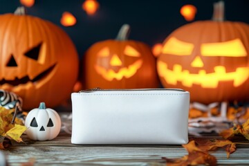 White Cosmetic Bag with Halloween Pumpkins and Decorative Elements