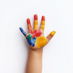 Colorful Handprint with Bright Paints on White Background