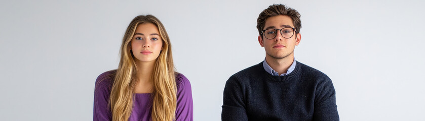 Obraz premium A thoughtful couple sitting side by side in a minimalist studio environment.