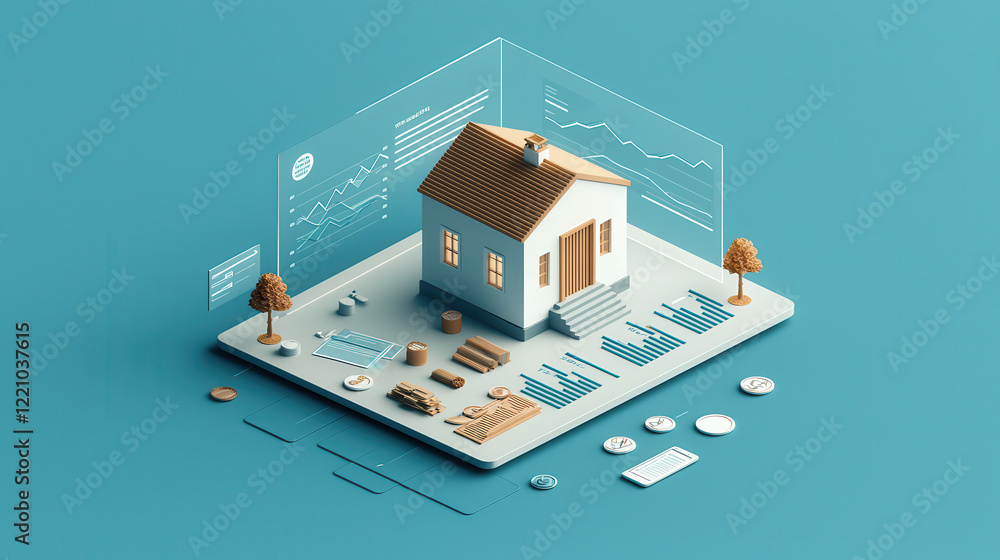 Aufkleber detailed 3d illustration of white house model surrounded by construction materials and data charts, 
