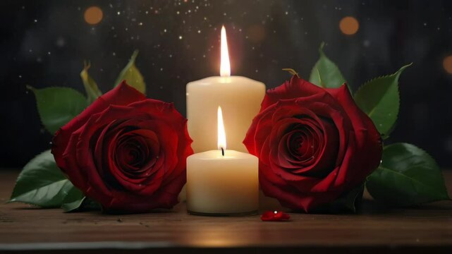 Red roses and candles burning in the darkness. Seamless 4K looping timelapse video animation background