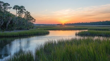 Sunset over coastal marsh grasses and trees