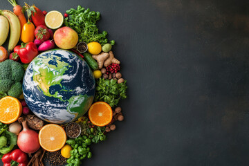 A vibrant assortment of fruits and vegetables surrounding a globe, symbolizing global health and sustainability in food choices.