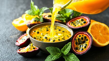 close-up of passion fruit juice being poured into a bowl, surrounded by sliced passion fruit, mint, and citrus, emphasizing its digestive benefits and refreshing taste. Passion fruit. superfood 