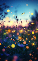 Enchanting Meadow at Twilight: Delicate wildflowers and floating lights against a backdrop of twilight skies, featuring a butterfly dancing in the soft, dreamy atmosphere.