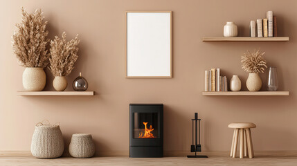 Minimalist interior design featuring cozy fireplace, decorative shelves, and natural elements. warm tones create welcoming atmosphere, perfect for relaxation