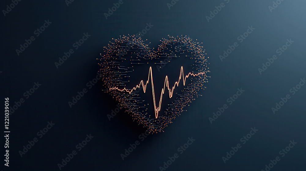 Poster heart shape made of particles with pulse wave design, symbolizing love and health. this artistic rep