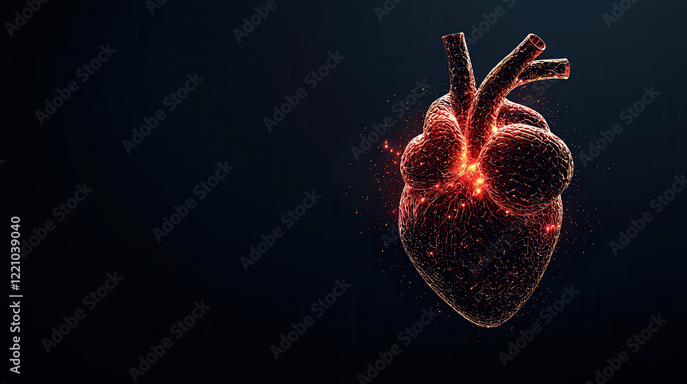 Poster high resolution 3d visualization of human heart beating, showcasing intricate details and glowing el