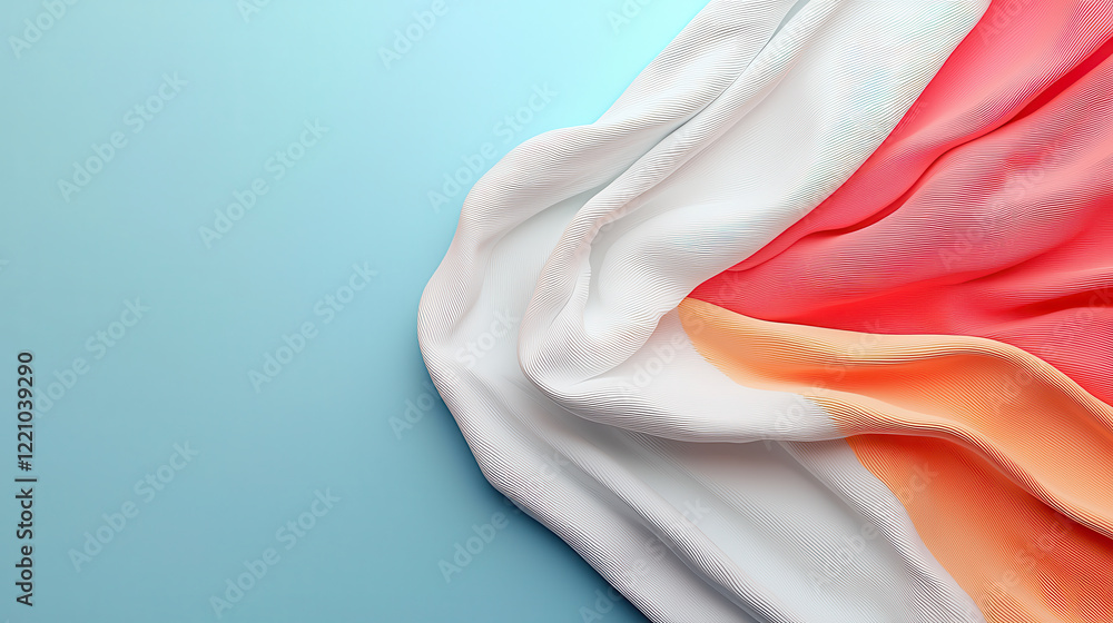 Poster Soft fabric draped elegantly on smooth surface, showcasing gradient of colors from white to coral. delicate texture and flowing lines create serene and artistic composition