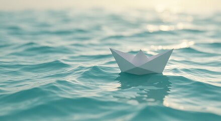 Obraz premium Peaceful paper boat on teal ocean waves. Sunlight ripples.