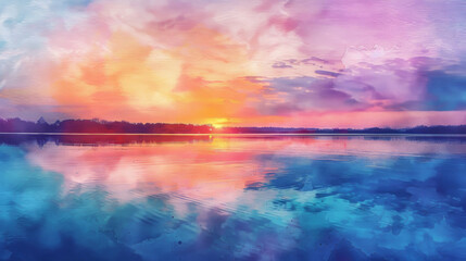 A vibrant sunset reflecting on calm waters, showcasing beautiful colors of purple, orange, and blue, evoking serenity and tranquility.