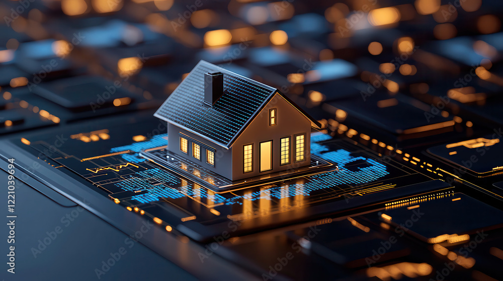 Poster 3d white house model sits on dark grey laptop keyboard, symbolizing intersection of technology and r