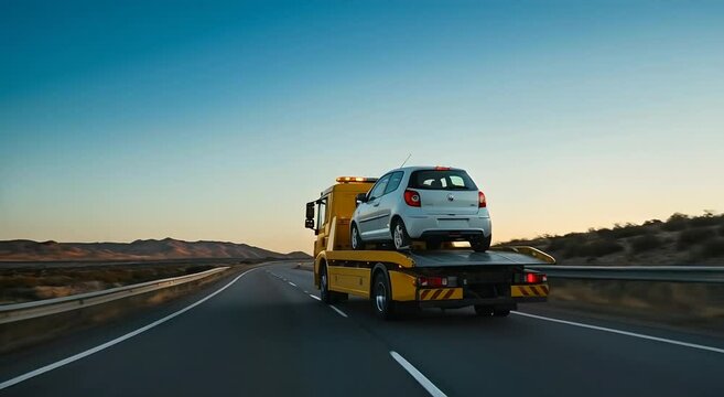 Tow truck transporting broken car on highway at sunset. Yellow recovery vehicle carrying white compact automobile on empty road