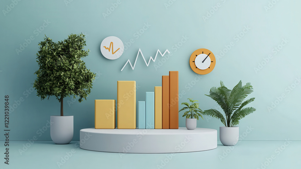 Poster 3D scene depicting health themed environment with data charts, plants, and decorative elements. vibrant colors and modern design create engaging atmosphere for health related presentations