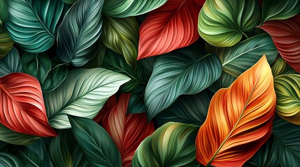 Tropical leaves in vibrant colors create a background for design, print, or web
