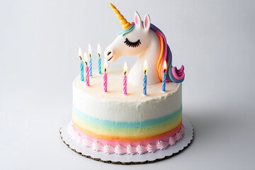 A vibrant unicorn birthday cake adorned with colorful candles, perfect for celebrations and themed parties.