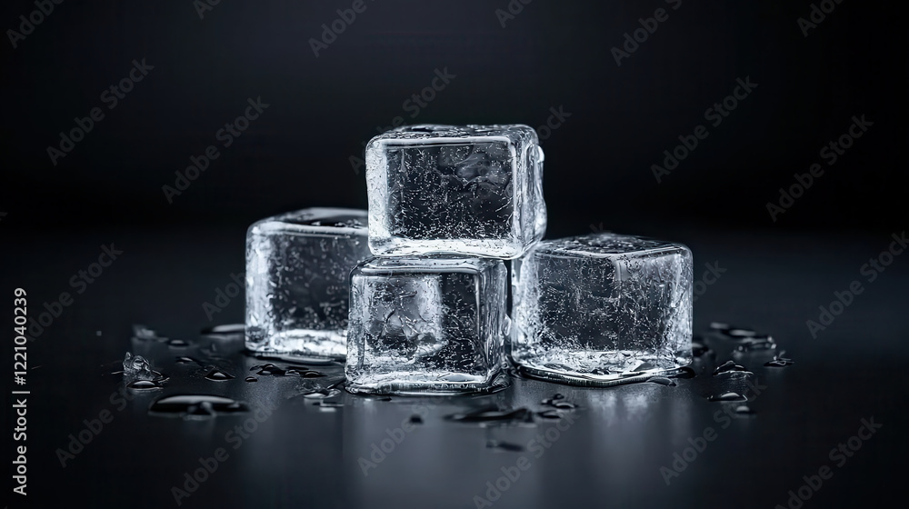 Aufkleber Clear ice cubes stacked on dark surface, reflecting light and creating subtle shadows. image captures coolness and clarity of ice, evoking refreshing feeling