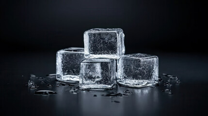 Clear ice cubes stacked on dark surface, reflecting light and creating subtle shadows. image captures coolness and clarity of ice, evoking refreshing feeling